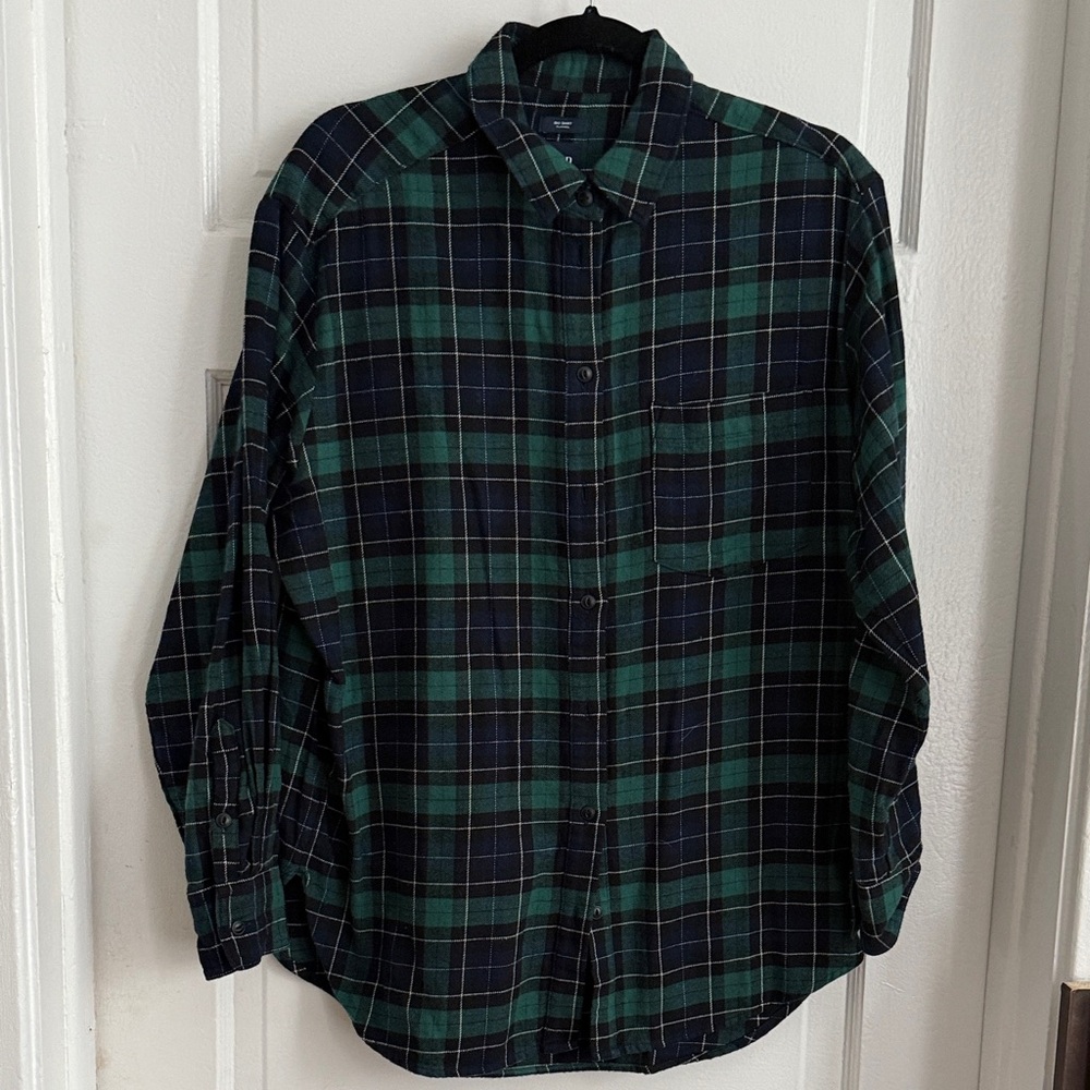GAP Men's Navy and Green Checkered Shirt